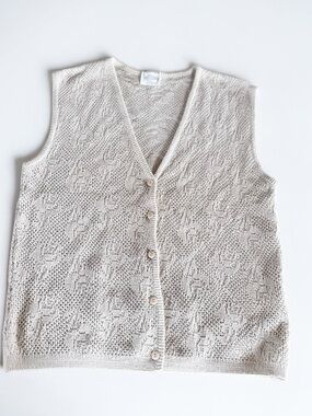 Vintage Knit Sweater Vest Beige Button Front Minimalist Layering